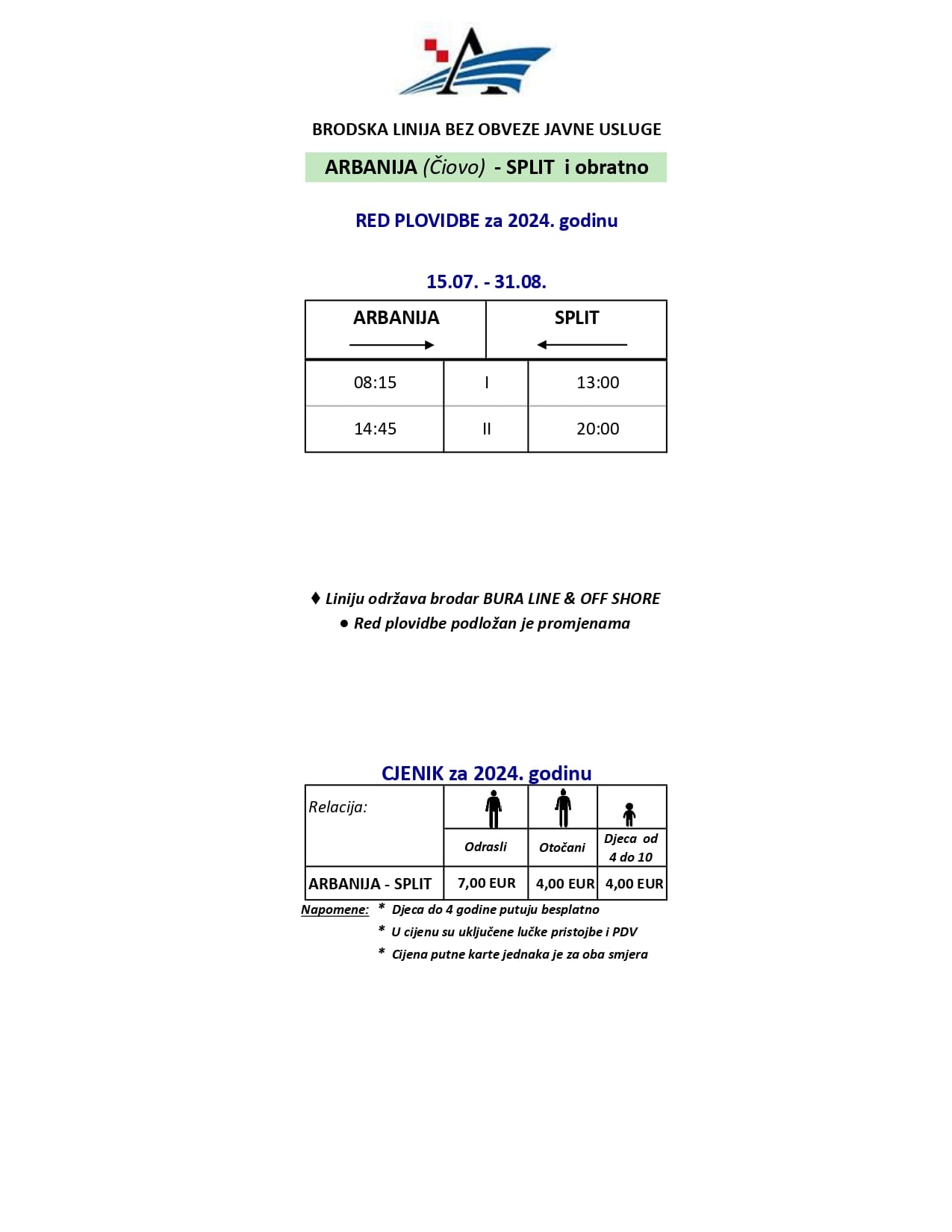 Jízdní řád Bura Line Arbanija-Split-2024